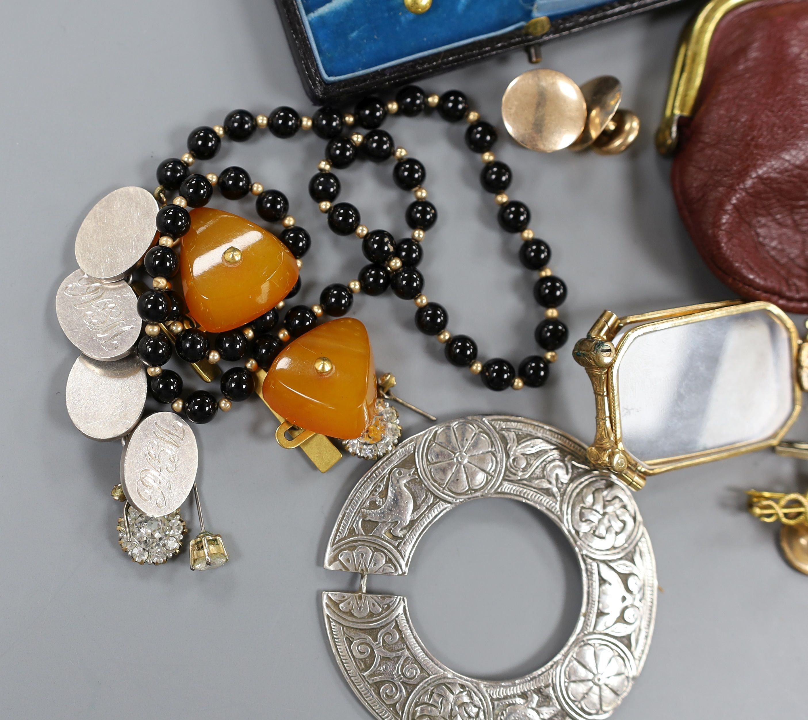 Mixed jewellery including two 9ct gold studs, a 9ct gold and enamel brooch, gross 5 grams and other items including silver brooch, lorgnettes etc.